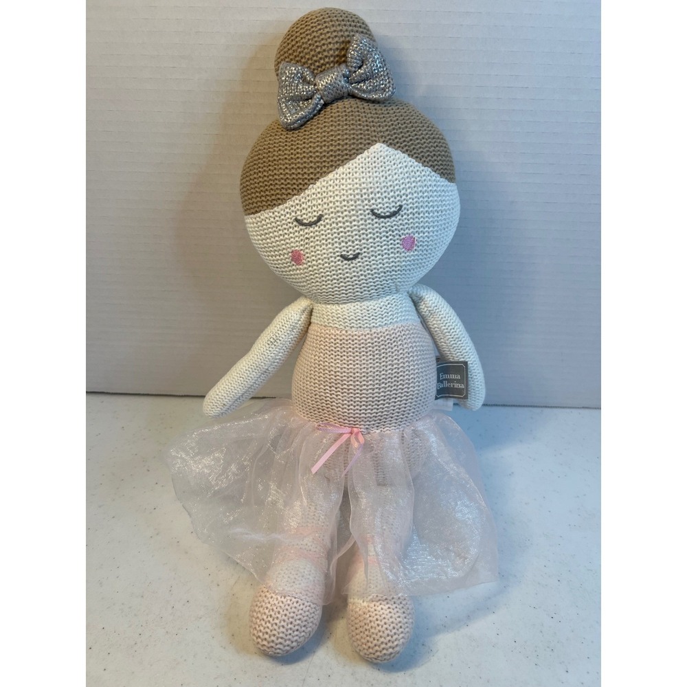 Living Textiles Emma Ballerina Knitted Plush Doll Pink Tulle Tutu Silver Bow 15"
